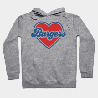 I Love Burgers: Summertime BBQ Love with Red Heart and Groovy Font Hoodie